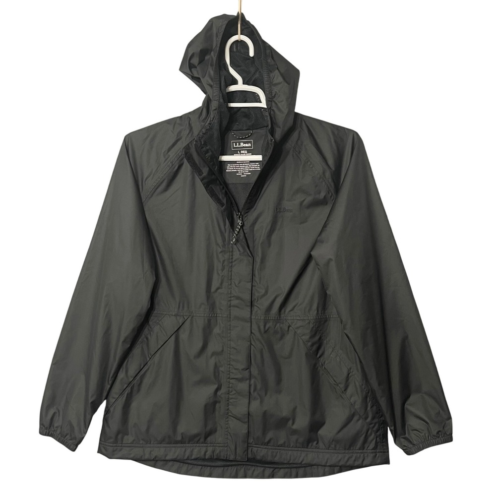 LL Bean Women’s Large REG Black Hooded Rain Jacket Waterproof Windbreaker Hiking